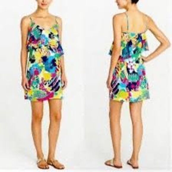 J. Crew Tropical Print Asymmetrical Bright Mini Dress Ruffles Multi 2 - Picture 13 of 13